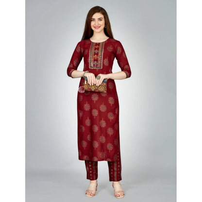 Roneclick Women's Casual 3-4 th Sleeve Embroidery Rayon Kurti Pant Set (Maroon)