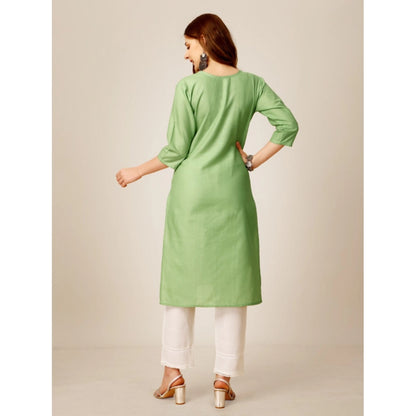 Roneclick Women's Casual 3-4 th Sleeve Embroidery Cotton Kurti Pant Set (Pista Green)