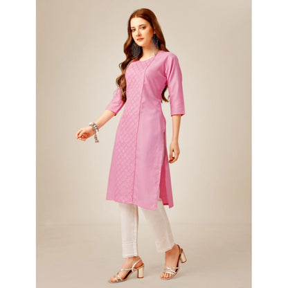 Roneclick Women's Casual 3-4 th Sleeve Embroidery Cotton Kurti Pant Set (Pink)