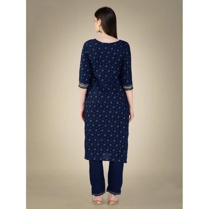 Roneclick Women's Casual 3-4 th Sleeve Embroidery Cotton Kurti Pant Dupatta Set (Dark Blue)