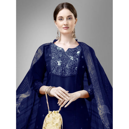 Roneclick Women's Casual 3-4 th Sleeve Embroidery Cotton Kurti Pant Dupatta Set (Dark Blue)