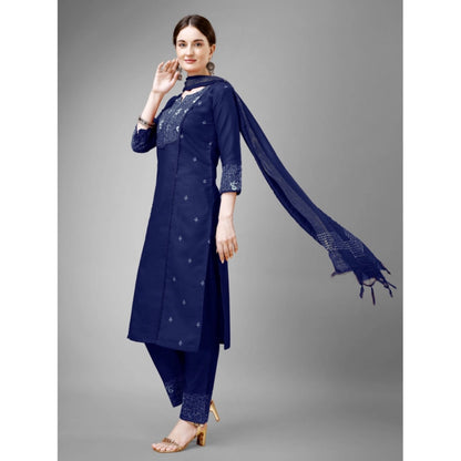 Roneclick Women's Casual 3-4 th Sleeve Embroidery Cotton Kurti Pant Dupatta Set (Dark Blue)