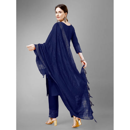 Roneclick Women's Casual 3-4 th Sleeve Embroidery Cotton Kurti Pant Dupatta Set (Dark Blue)