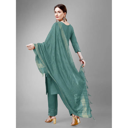 Roneclick Women's Casual 3-4 th Sleeve Embroidery Cotton Kurti Pant Dupatta Set (Teal)