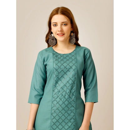 Roneclick Women's Casual 3-4 th Sleeve Embroidery Cotton Kurti Pant Set (Green)