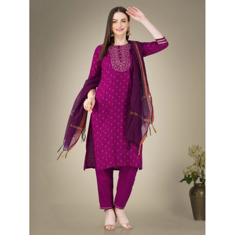 Roneclick Women's Casual 3-4 th Sleeve Embroidery Cotton Kurti Pant Dupatta Set (Purple)