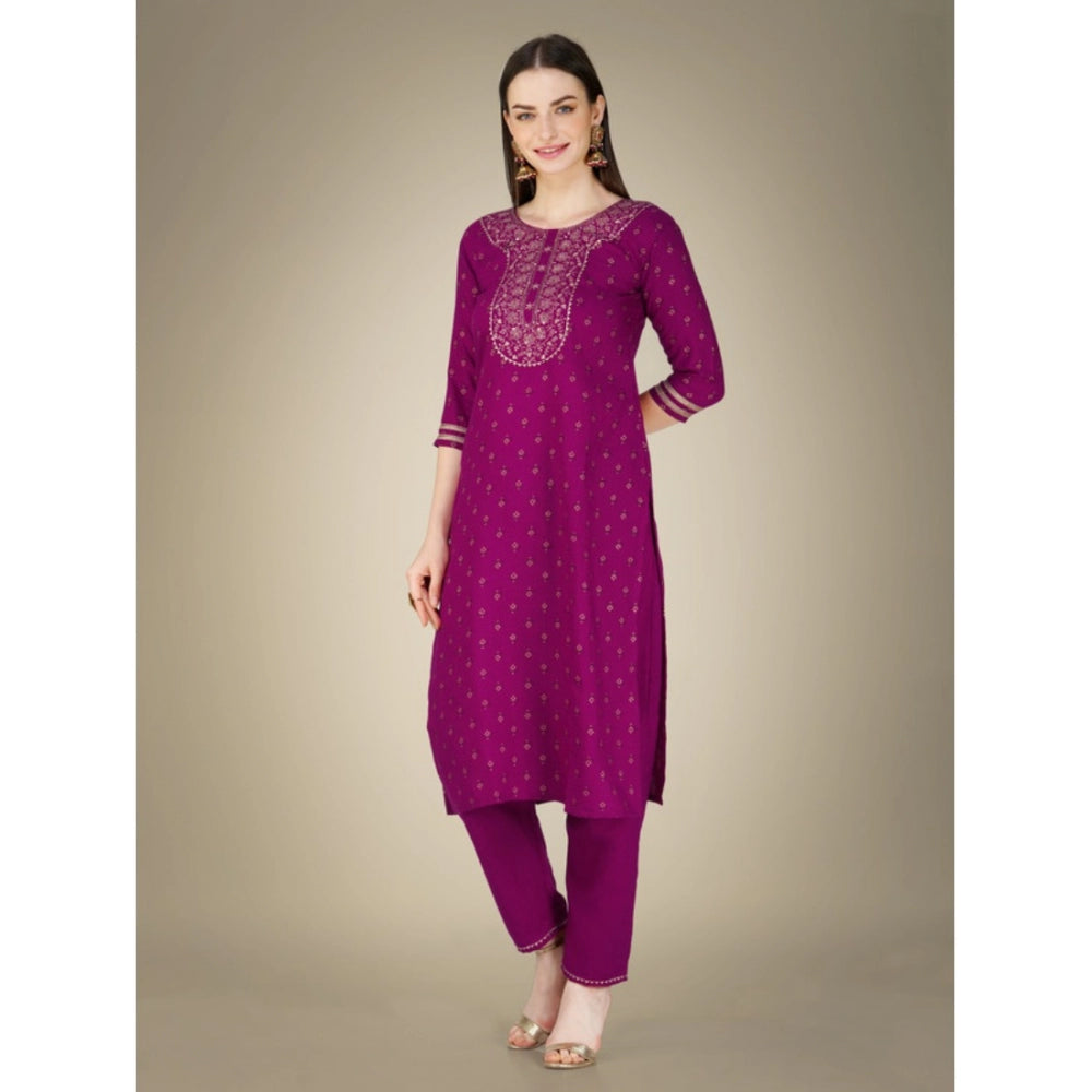 Roneclick Women's Casual 3-4 th Sleeve Embroidery Cotton Kurti Pant Dupatta Set (Purple)