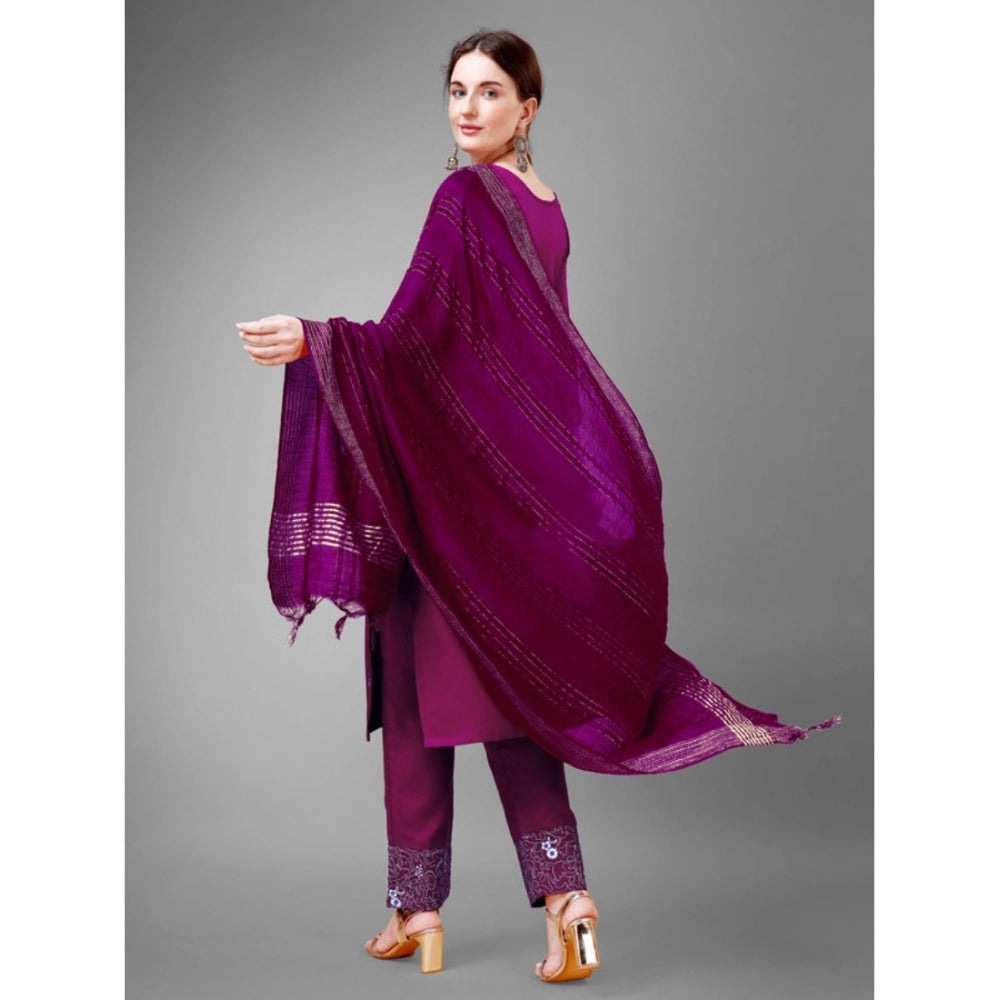 Roneclick Women's Casual 3-4 th Sleeve Embroidery Cotton Kurti Pant Dupatta Set (Purple)