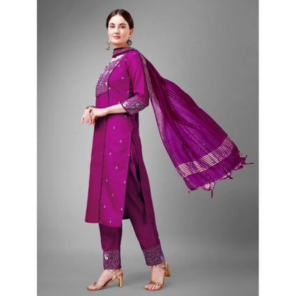 Roneclick Women's Casual 3-4 th Sleeve Embroidery Cotton Kurti Pant Dupatta Set (Purple)