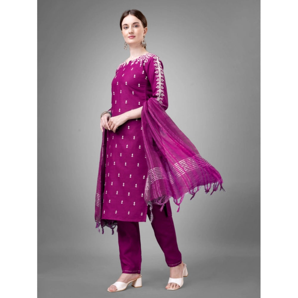 Roneclick Women's Casual 3-4 th Sleeve Embroidery Cotton Kurti Pant Dupatta Set (Purple)