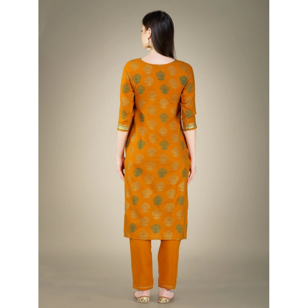 Roneclick Women's Casual 3-4 th Sleeve Embroidery Cotton Kurti Pant Dupatta Set (Yellow)