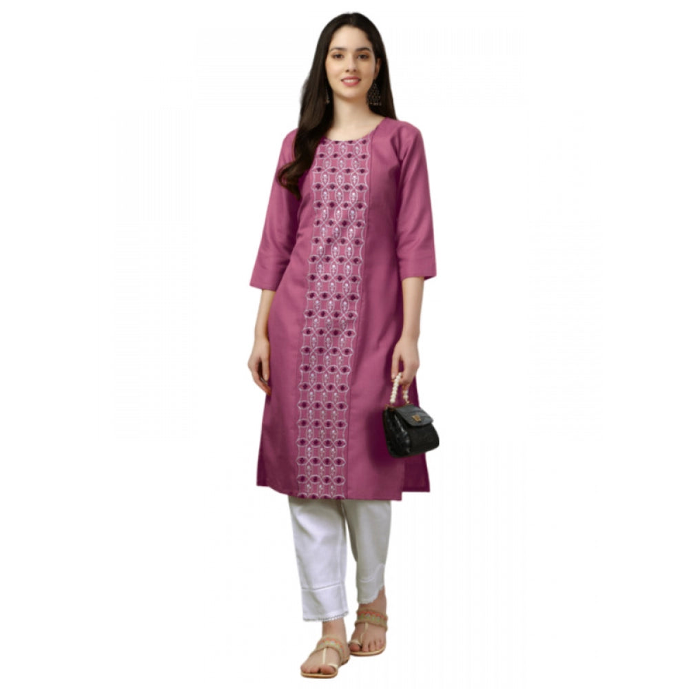 Roneclick Women's Casual 3-4 th Sleeve Embroidery Cotton Kurti (Purple)