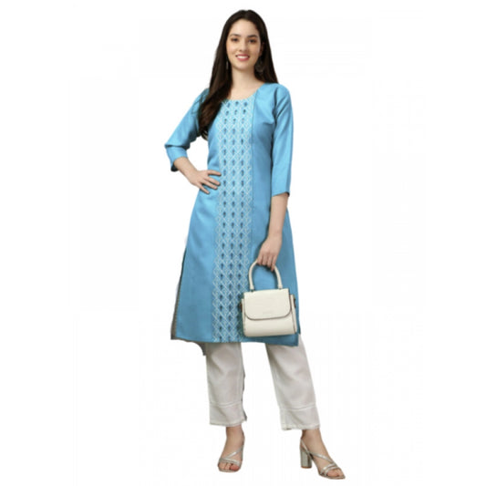 Roneclick Women's Casual 3-4 th Sleeve Embroidery Cotton Kurti (Light Blue)