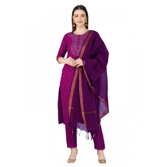 Roneclick Women's Casual 3-4 th Sleeve Embroidery Cotton Kurti Pant Dupatta Set (Purple)