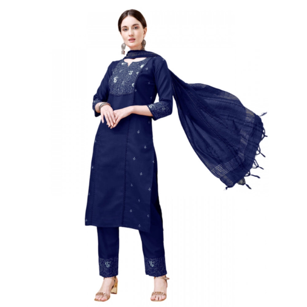 Roneclick Women's Casual 3-4 th Sleeve Embroidery Cotton Kurti Pant Dupatta Set (Dark Blue)