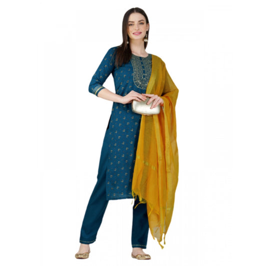 Roneclick Women's Casual 3-4 th Sleeve Embroidery Cotton Kurti Pant Dupatta Set (Blue )