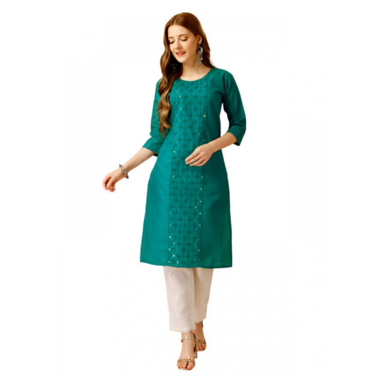 Roneclick Women's Casual 3-4 th Sleeve Embroidery Cotton Kurti Pant Set (Light Green)