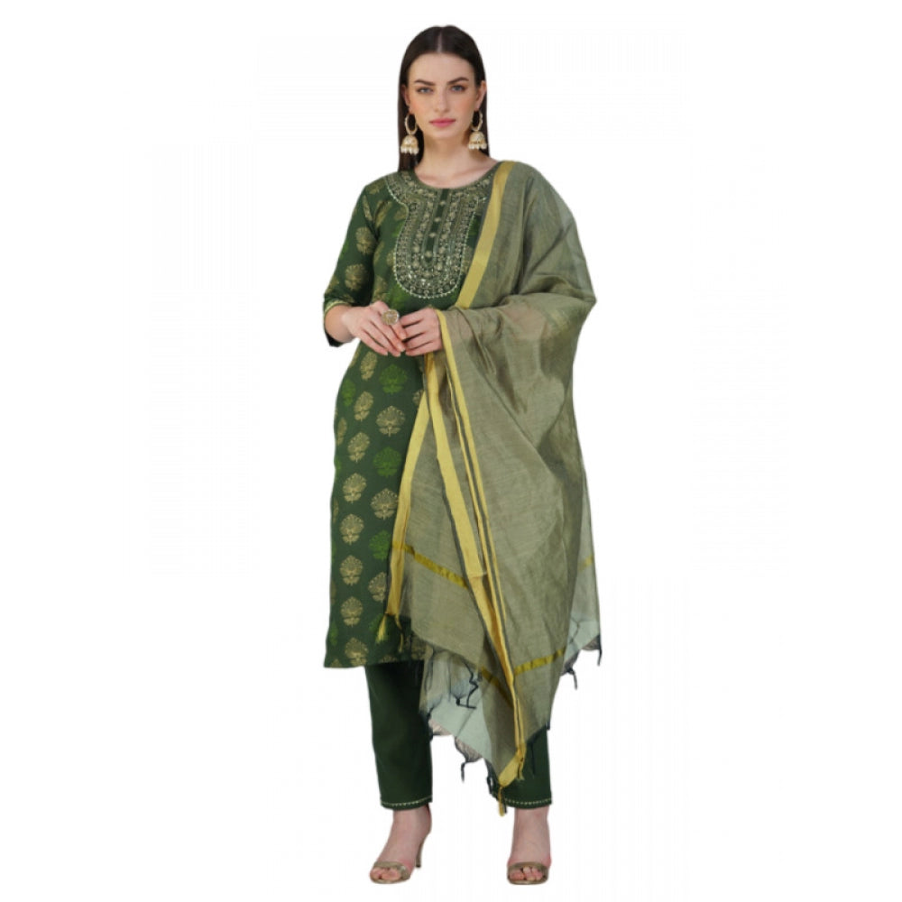 Roneclick Women's Casual 3-4 th Sleeve Embroidery Cotton Kurti Pant Dupatta Set (Dark Green)