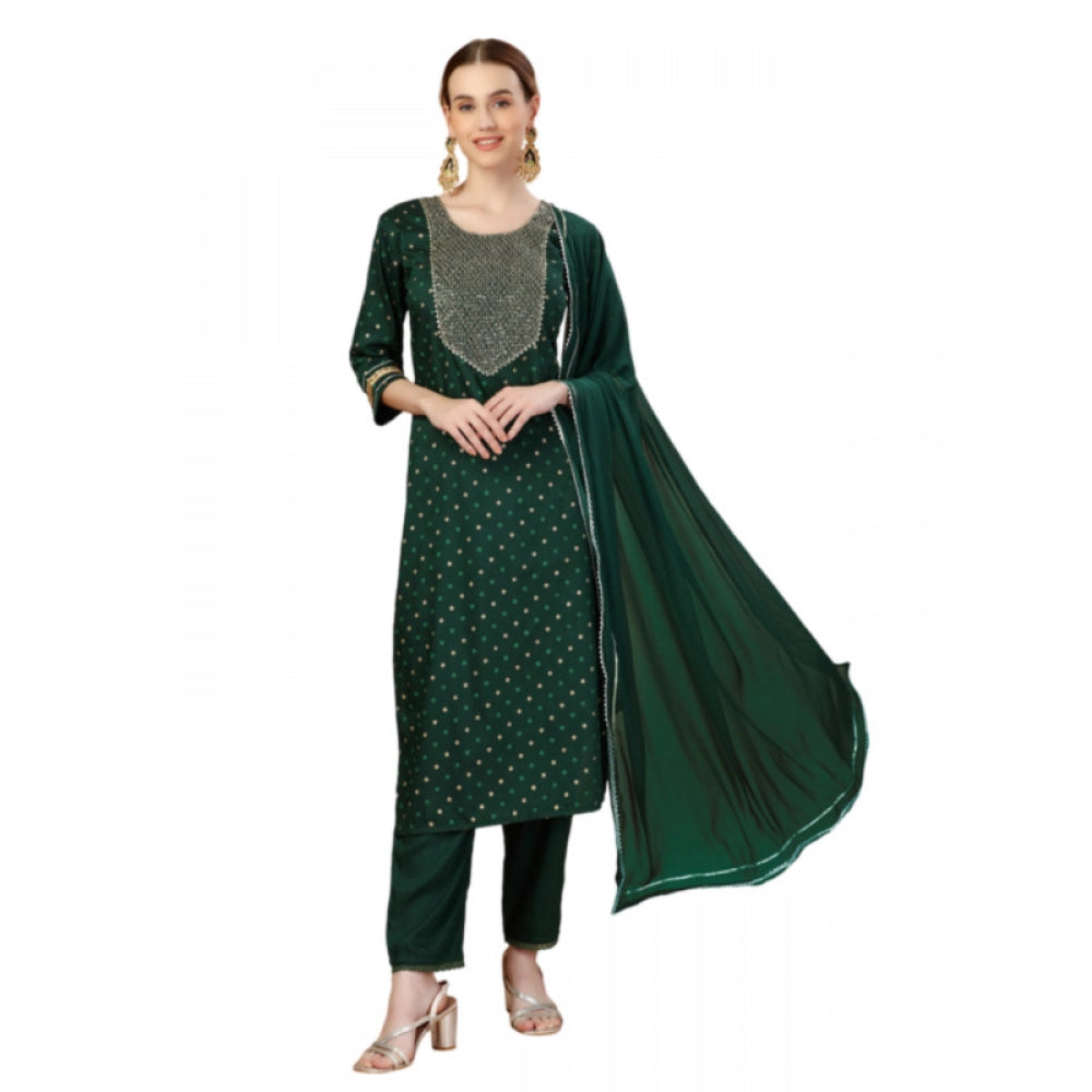 Roneclick Women's Casual 3-4 th Sleeve Embroidery Silk Blend Kurti Pant Dupatta Set (Dark Green)