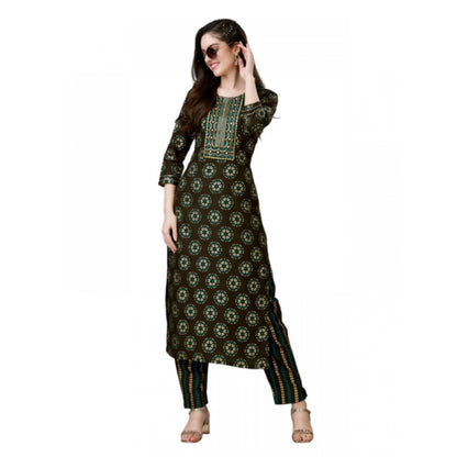 Roneclick Women's Casual 3-4 th Sleeve Embroidery Rayon Kurti Pant Set (Brown)