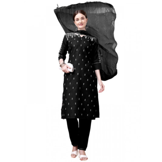 Roneclick Women's Casual 3-4 th Sleeve Embroidery Cotton Kurti Pant Dupatta Set (Black)