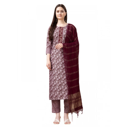 Roneclick Women's Casual 3-4 th Sleeve Embroidery Rayon Kurti Pant Dupatta Set (Maroon)