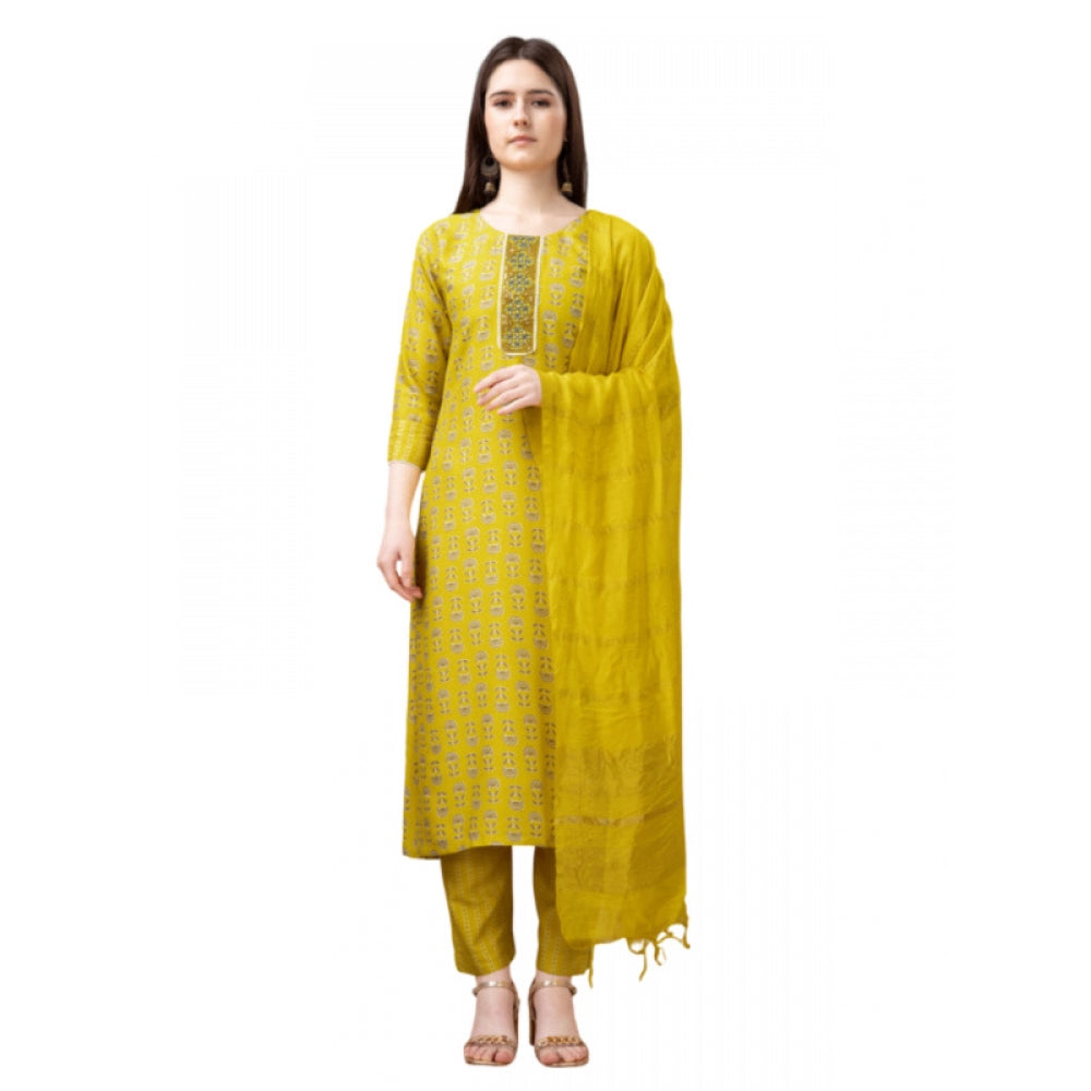 Roneclick Women's Casual 3-4 th Sleeve Embroidery Rayon Kurti Pant Dupatta Set (Yellow)