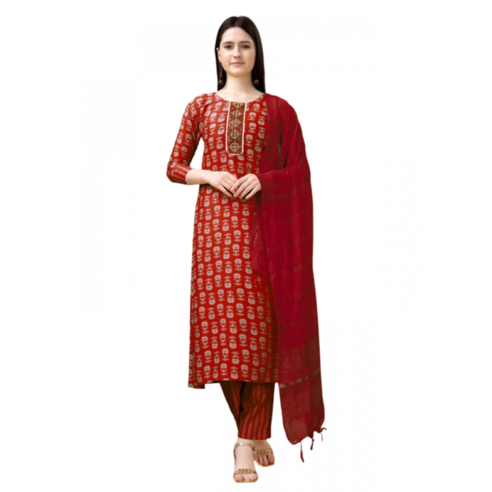 Roneclick Women's Casual 3-4 th Sleeve Embroidery Rayon Kurti Pant Dupatta Set (Maroon)