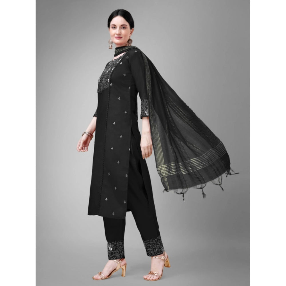 Roneclick Women's Casual 3-4 th Sleeve Embroidery Cotton Kurti Pant Dupatta Set (Black)