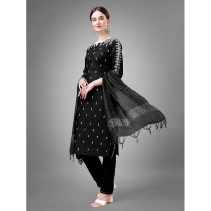 Roneclick Women's Casual 3-4 th Sleeve Embroidery Cotton Kurti Pant Dupatta Set (Black)