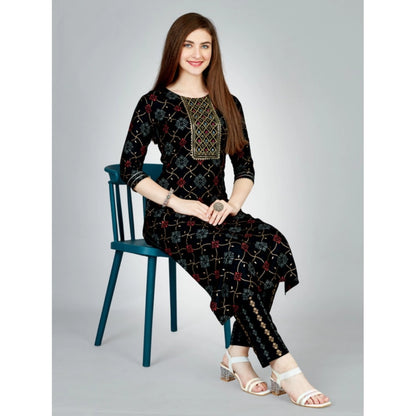 Roneclick Women's Casual 3-4 th Sleeve Embroidery Rayon Kurti Pant Set (Black)