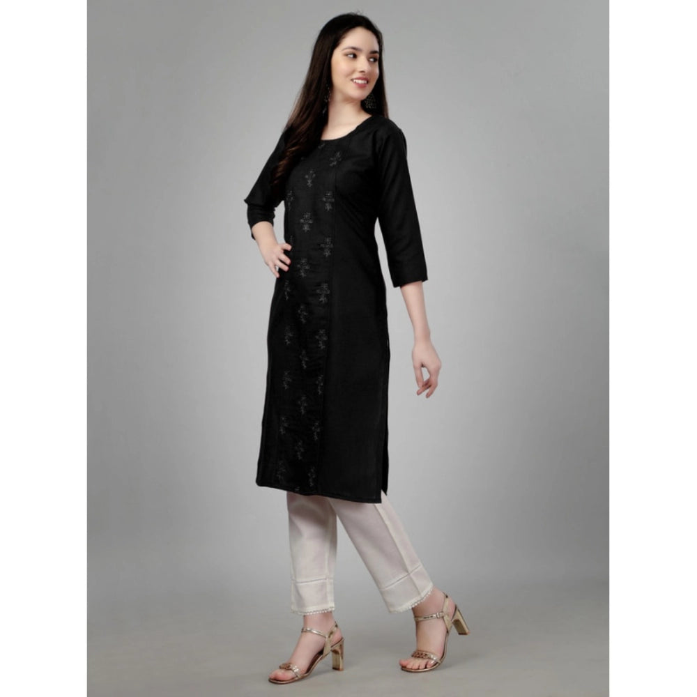 Roneclick Women's Casual 3-4 th Sleeve Embroidery Cotton Kurti (Black)