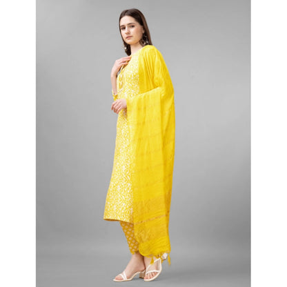 Roneclick Women's Casual 3-4 th Sleeve Embroidery Rayon Kurti Pant Dupatta Set (Yellow)