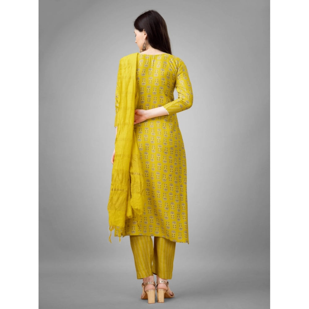 Roneclick Women's Casual 3-4 th Sleeve Embroidery Rayon Kurti Pant Dupatta Set (Yellow)