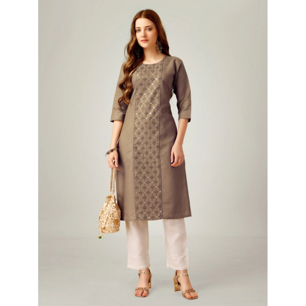 Roneclick Women's Casual 3-4 th Sleeve Embroidery Cotton Kurti Pant Set (Beige)