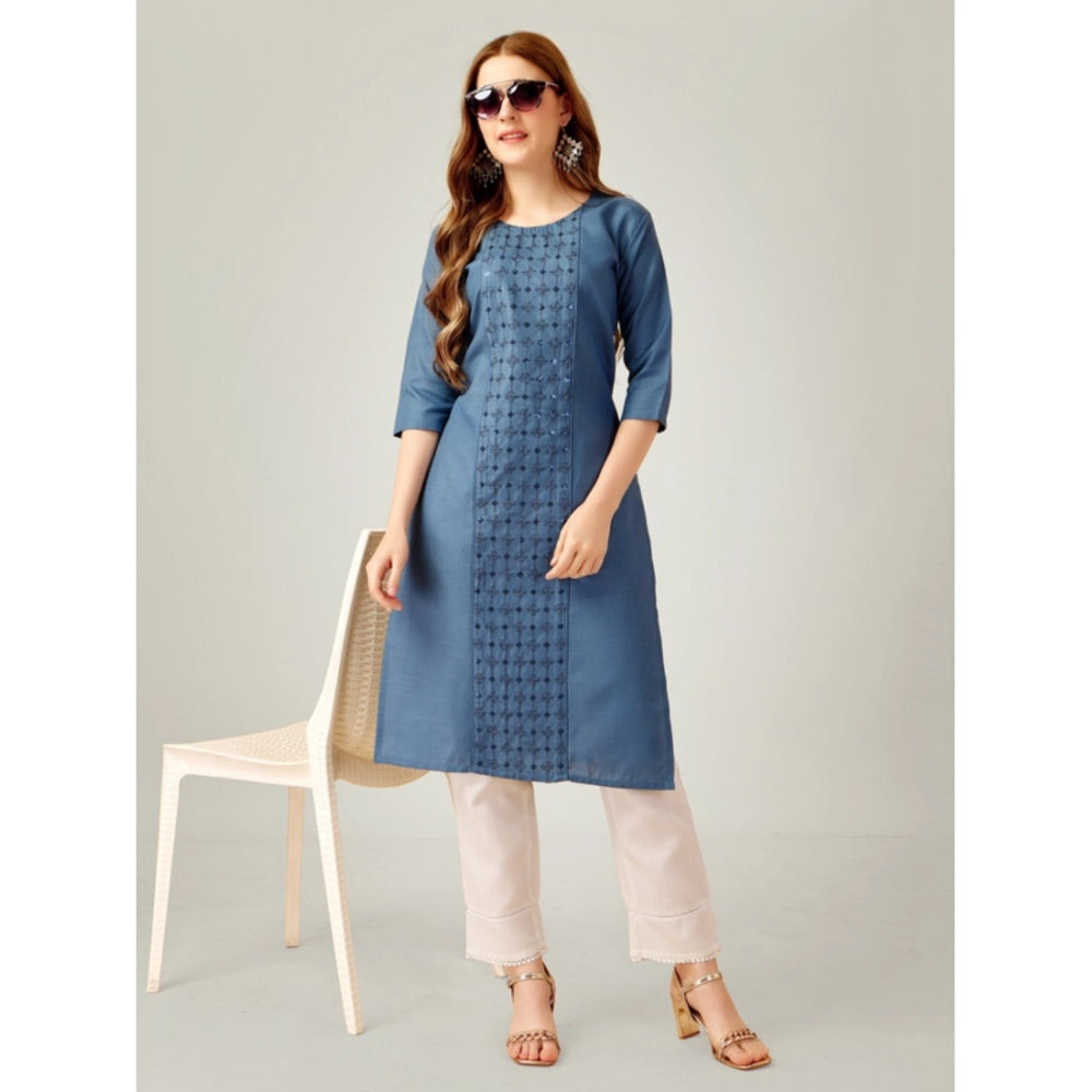 Roneclick Women's Casual 3-4 th Sleeve Embroidery Cotton Kurti Pant Set (Light Blue)