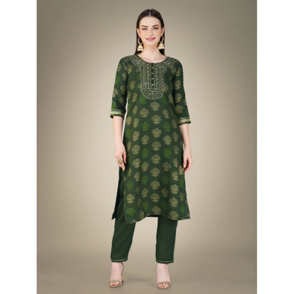 Roneclick Women's Casual 3-4 th Sleeve Embroidery Cotton Kurti Pant Dupatta Set (Dark Green)