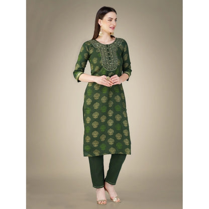 Roneclick Women's Casual 3-4 th Sleeve Embroidery Cotton Kurti Pant Dupatta Set (Dark Green)