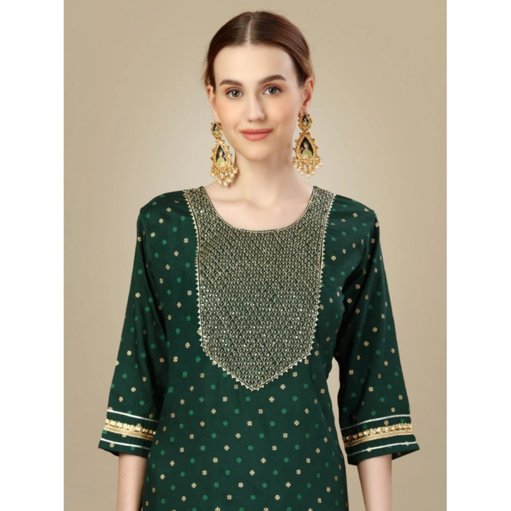 Roneclick Women's Casual 3-4 th Sleeve Embroidery Silk Blend Kurti Pant Dupatta Set (Dark Green)