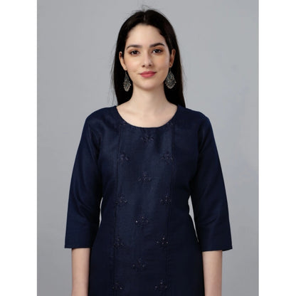 Roneclick Women's Casual 3-4 th Sleeve Embroidery Cotton Kurti (Dark Blue)