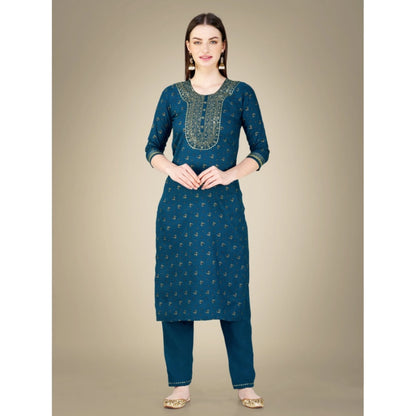 Roneclick Women's Casual 3-4 th Sleeve Embroidery Cotton Kurti Pant Dupatta Set (Blue )