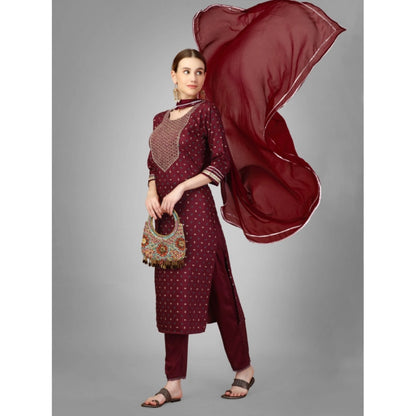 Roneclick Women's Casual 3-4 th Sleeve Embroidery Silk Blend Kurti Pant Dupatta Set (Maroon)