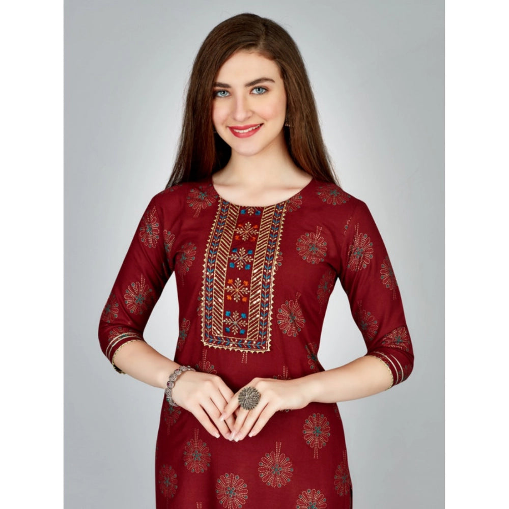 Roneclick Women's Casual 3-4 th Sleeve Embroidery Rayon Kurti Pant Set (Maroon)