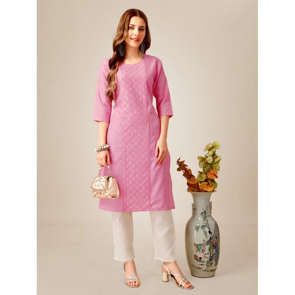 Roneclick Women's Casual 3-4 th Sleeve Embroidery Cotton Kurti Pant Set (Pink)