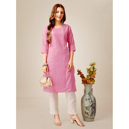 Roneclick Women's Casual 3-4 th Sleeve Embroidery Cotton Kurti Pant Set (Pink)