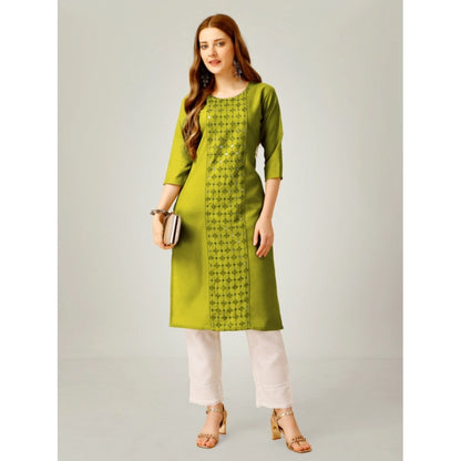 Roneclick Women's Casual 3-4 th Sleeve Embroidery Cotton Kurti Pant Set (Green)