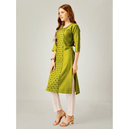 Roneclick Women's Casual 3-4 th Sleeve Embroidery Cotton Kurti Pant Set (Green)