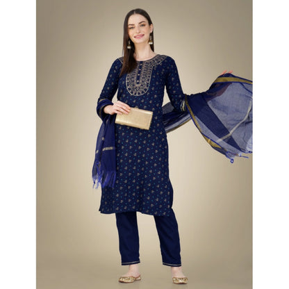 Roneclick Women's Casual 3-4 th Sleeve Embroidery Cotton Kurti Pant Dupatta Set (Dark Blue)