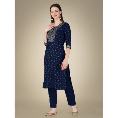 Roneclick Women's Casual 3-4 th Sleeve Embroidery Cotton Kurti Pant Dupatta Set (Dark Blue)