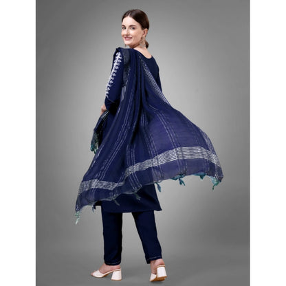 Roneclick Women's Casual 3-4 th Sleeve Embroidery Cotton Kurti Pant Dupatta Set (Dark Blue)